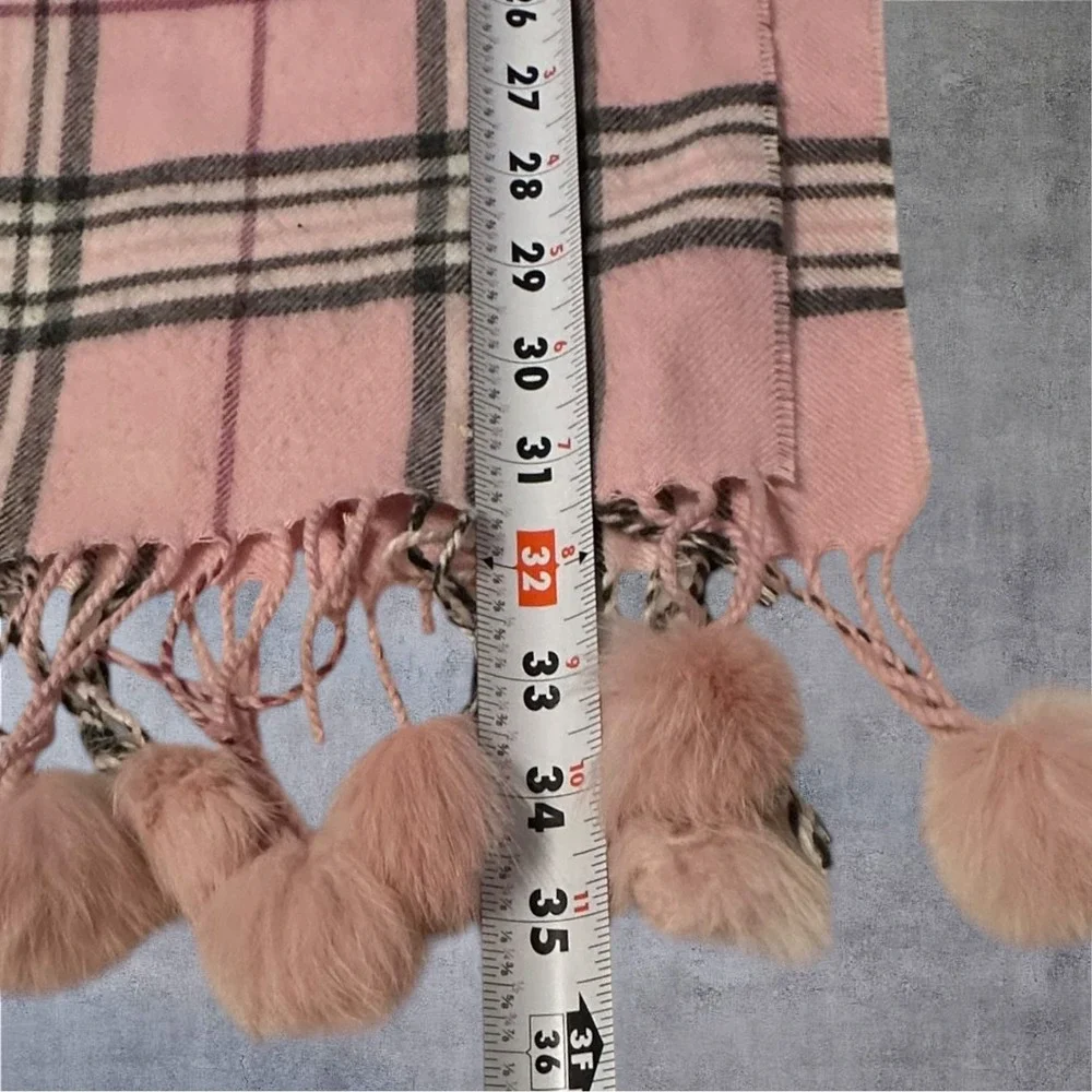 Preston‎ & York Plaid Scarf Womens 64x10 Pink Rabbit Fur Pom Pom Fringe